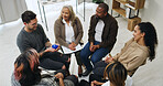 Speaking, ball and meeting with people in support group for sobriety feedback, community and solidarity. Recovery check in, conversation token and counseling workshop with above of men and women