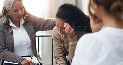 Buy stock photo Support group, people and comfort sad woman for therapy, mental health and healing depression. Psychology, counseling together and empathy with kindness and care for trauma in community center