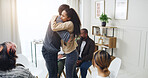 People, hug and mental health in office, therapy and compassion for AA meeting, healing and support. Counseling, group and embrace for sobriety milestone, patient and rehab for addition or trust