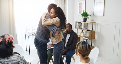 Buy stock photo People, hug and mental health in office, therapy and compassion for AA meeting, healing and support. Counseling, group and embrace for sobriety milestone, patient and rehab for addition or trust