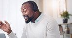 Happy, black man and consultant with headset in home for online advice, video call or communication. Male person, agent or remote work with mic for virtual assistance or telehealth service in house