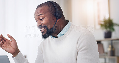 Buy stock photo Happy, black man and consultant with headset in home for online advice, video call or communication. Male person, agent or remote work with mic for virtual assistance or telehealth service in house