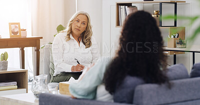 Buy stock photo Therapy, woman or patient in office for mental health, psychologist and guidance in appointment. Counsellor writing, support or person with anxiety, help and advice in consultation with notes.