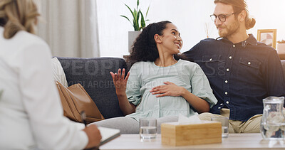 Buy stock photo Counseling, pregnant couple and happy at therapist office for visit, advice and talk for help. Pregnancy, man and woman with psychologist for understanding, trust and notes for support as parents
