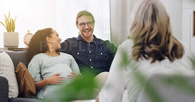 Buy stock photo Counselling, happy couple and pregnant in therapist office for visit, advice and talk for help. Pregnancy, man and woman with psychologist for understanding, trust and therapy for support as parents