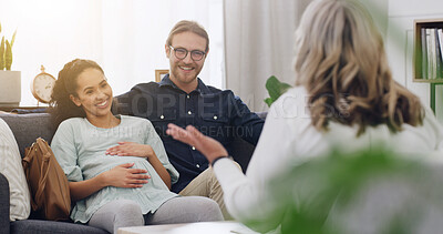 Buy stock photo Advice, pregnant couple and talk in therapist office for visit, therapy and communication for help. Pregnancy, man and woman with psychologist for understanding hormones, trust and support as parents