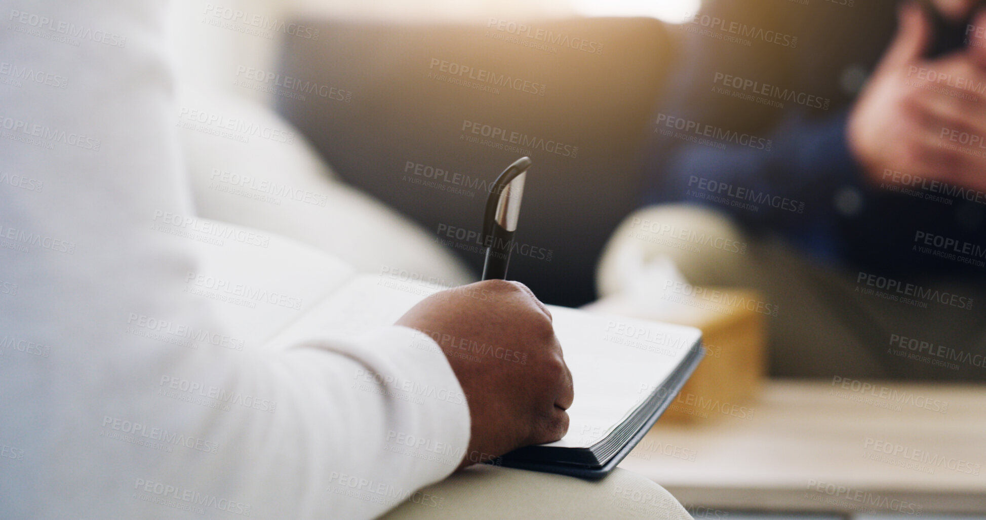 Buy stock photo Writing, therapy and hands of man in counseling session for mental health, assessment and support. Patient report, psychologist diagnosis and treatment plan with people in office for healing