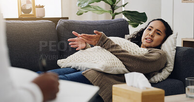 Buy stock photo Woman, psychologist and consultation with laying on sofa, assessment and sad with depression at clinic. Person, therapist and listen in counseling for anxiety, writing notes and clipboard with flare