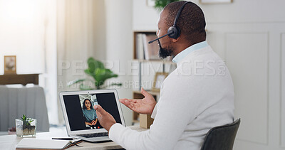 Buy stock photo Man, psychologist and video call with laptop screen for counseling or online therapy in home. Male person, therapist and talking with client, headset or computer for telehealth app or virtual advice