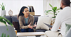 Counseling, therapist and woman with discussion on sofa for mental health, explain story and advice. Psychology, people and psychologist in clinic for therapy session, patient assessment and support