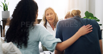 Buy stock photo Psychologist, couple and people with support for counseling, relationship and help in office. Therapy, talking and woman comfort man for healing, consultation and marriage reconciliation with flare