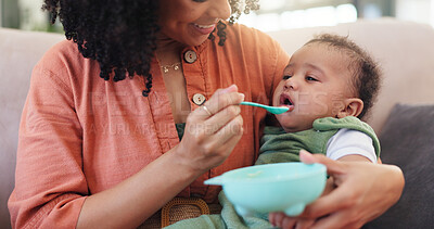 Buy stock photo Food, mother and feeding baby in home for nutrition, morning routine and healthy development. Love, motherhood and happy woman with porridge in living room for breakfast, hungry and eating for growth