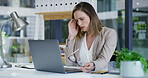 Stress, employee and woman with headache, office or accountant with burnout, thinking or frustrated. Reflection, bookkeeper or person with laptop for assignment, migraine or overwhelmed with workload