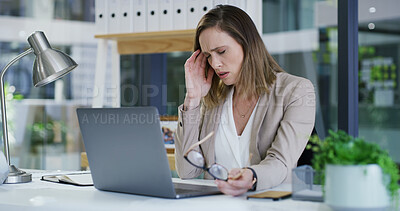Buy stock photo Stress, employee and woman with headache, office or accountant with burnout, thinking or frustrated. Reflection, bookkeeper or person with laptop for assignment, migraine or overwhelmed with workload