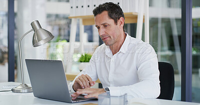 Buy stock photo Business, laptop and typing with accountant man at desk in office for financial audit or review. Computer, bookkeeping and finance with employee person in workplace for budget or revenue analysis