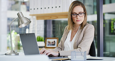 Buy stock photo Laptop, research and businesswoman in office typing for finance report on technology with notebook. Computer, contact and female financial manager with email for investment proposal in workplace.