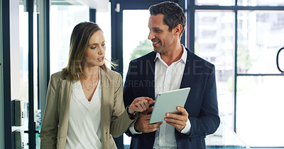 Buy stock photo Businessman, woman and happy with tablet, discussion and review with risk management app at company. People, team and tech with perspective, feedback and point with collaboration at insurance agency