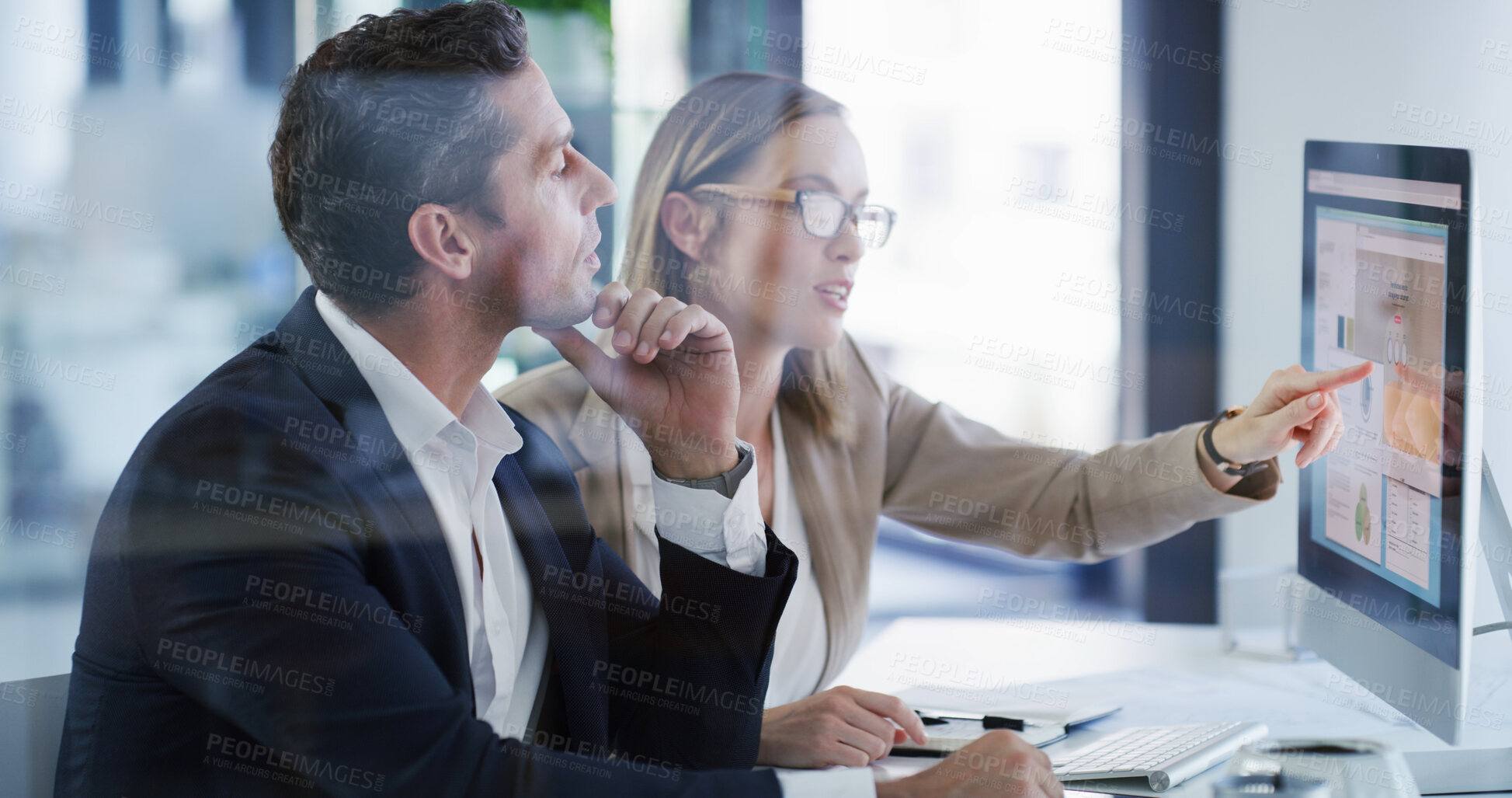 Buy stock photo Team, computer and business people in office for planning, budget chart or brainstorming solution. Meeting, discussion and pointing at screen with advisor for stats, financial review or proposal