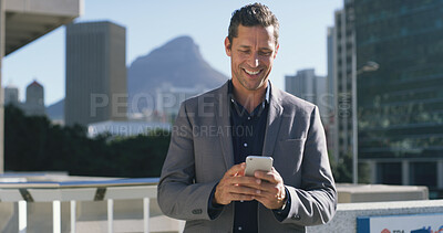 Buy stock photo Phone, smile and business man in city for planning, client negotiation and portfolio update. Communication, account manager and contact with person in agency for notification, reading and research