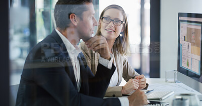 Buy stock photo Team, computer screen or business people in office with idea, budget chart or brainstorming solution. Meeting, planning and happy advisor with monitor for stats, financial analysis or collaboration