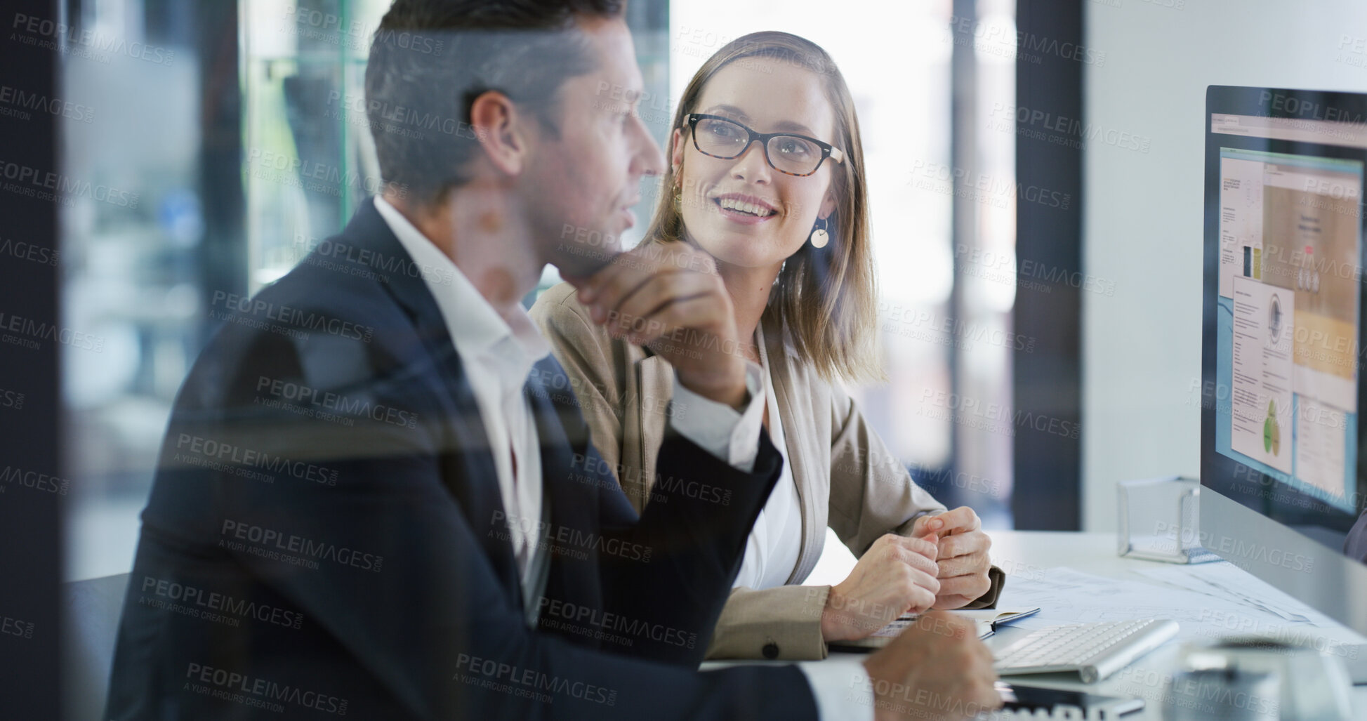 Buy stock photo Team, computer screen or business people in office with idea, budget chart or brainstorming solution. Meeting, planning and happy advisor with monitor for stats, financial analysis or collaboration