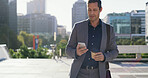 Phone, businessman and city with walk for commute, social media or networking research. Man, entrepreneur or real estate agent with reading, tech and scrolling or online search for urban town contact