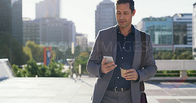 Buy stock photo Phone, businessman and city with walk for commute, social media or networking research. Man, entrepreneur or real estate agent with reading, tech and scrolling or online search for urban town contact