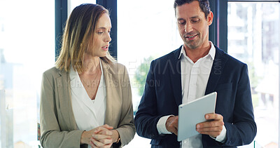 Buy stock photo Business, teamwork and people with tablet, discussion and financial agency with company revenue. Conversation, accounting and employees in office, fintech and online reading with email and connection