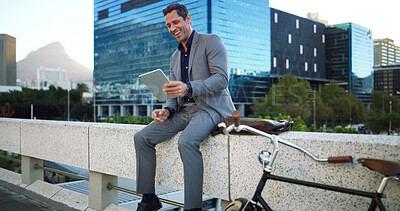Buy stock photo Laugh, businessman and break with tablet for social media, commute or networking. Man, entrepreneur and sustainable travel with bicycle, tech and scrolling or online search in urban town for contact