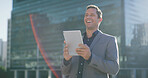 Laugh, businessman and city with tablet for social media, research or networking joke. Man, entrepreneur or real estate agent with smile, tech and scrolling or online search in urban town for contact