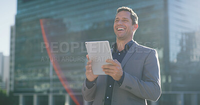 Buy stock photo Laugh, businessman and city with tablet for social media, research or networking joke. Man, entrepreneur or real estate agent with smile, tech and scrolling or online search in urban town for contact