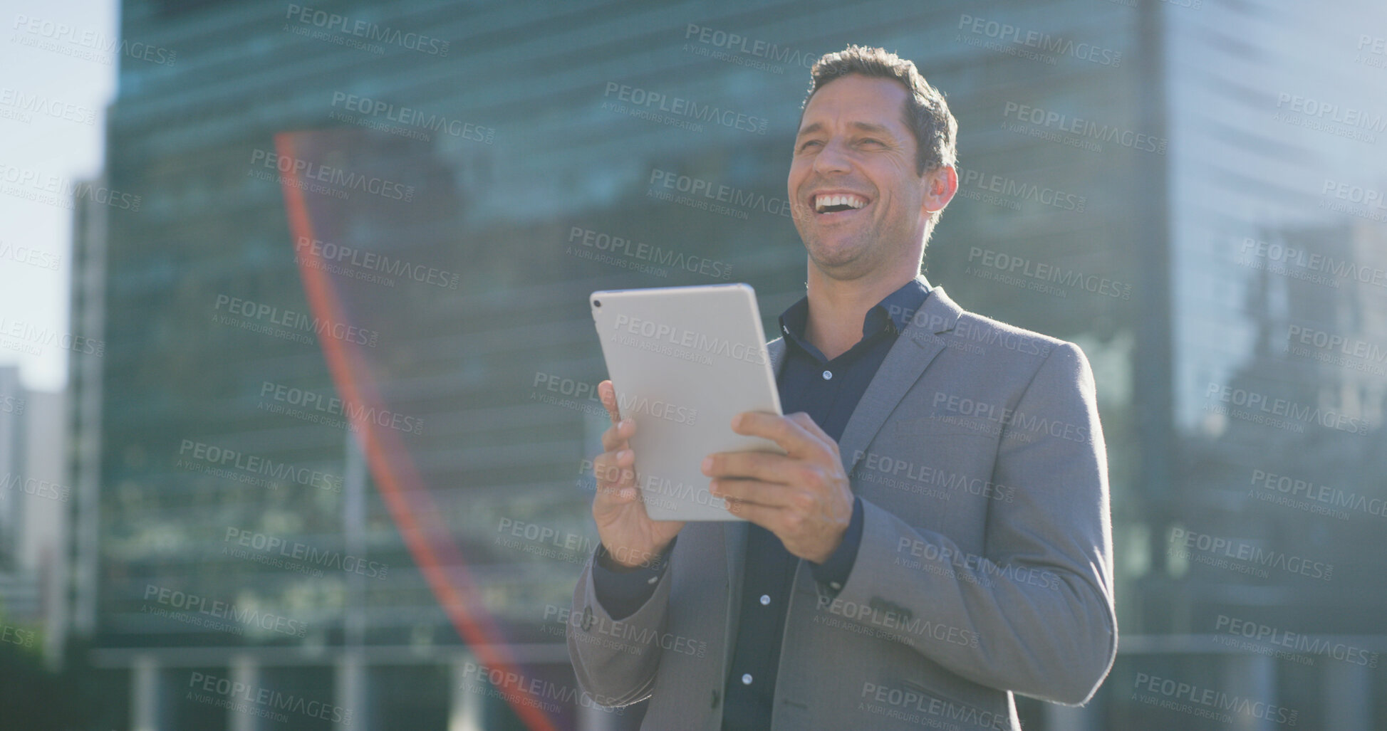 Buy stock photo Laugh, businessman and city with tablet for social media, research or networking joke. Man, entrepreneur or real estate agent with smile, tech and scrolling or online search in urban town for contact