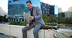 Laugh, businessman and relax with tablet for social media, commute or networking. Man, entrepreneur and sustainable travel with bicycle, tech and scrolling or online search in urban town for contact