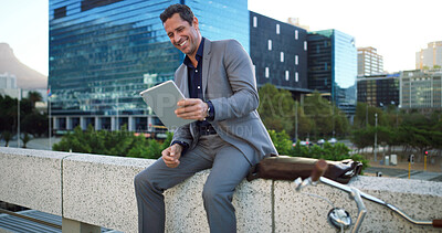 Buy stock photo Laugh, businessman and relax with tablet for social media, commute or networking. Man, entrepreneur and sustainable travel with bicycle, tech and scrolling or online search in urban town for contact