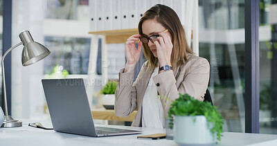 Buy stock photo Glasses, laptop and business woman in office for online research, website and finance proposal. Corporate, accountant and person on computer for reading financial review, payroll and budget planning