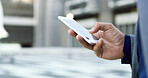 Cellphone, hands and businessman in city with communication, networking or finance email. Technology, professional and male financial manager with phone for texting on mobile app in urban town.