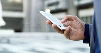 Buy stock photo Cellphone, hands and businessman in city with communication, networking or finance email. Technology, professional and male financial manager with phone for texting on mobile app in urban town.