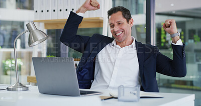 Buy stock photo Fist pump, laptop and businessman in office for good news, winning or job promotion on email. Happy, technology and male finance manager with celebration for investment deal on computer in workplace.