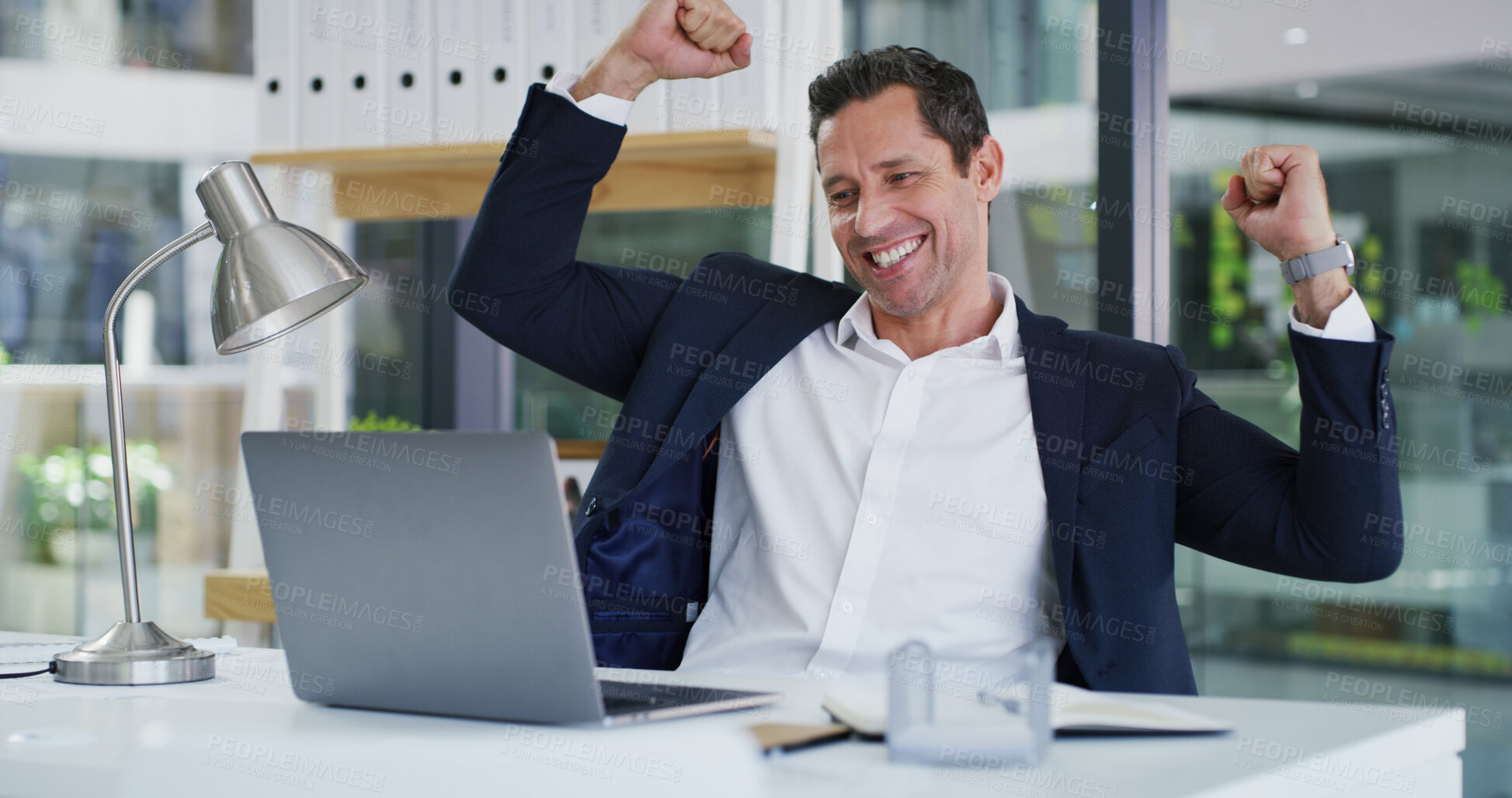 Buy stock photo Fist pump, laptop and businessman in office for good news, winning or job promotion on email. Happy, technology and male finance manager with celebration for investment deal on computer in workplace.