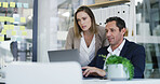 Laptop, discussion and business people in office with research for finance report with budget. Meeting, computer and financial advisor with manager for feedback on investment proposal in workplace.