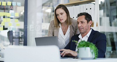 Buy stock photo Laptop, discussion and business people in office with research for finance report with budget. Meeting, computer and financial advisor with manager for feedback on investment proposal in workplace.