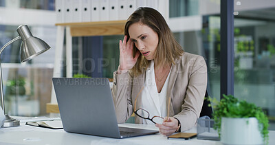 Buy stock photo Stress, employee and woman with laptop, office or accountant with headache, thinking and frustrated. Reflection, bookkeeper and person with tech for assignment, migraine and overwhelmed with workload