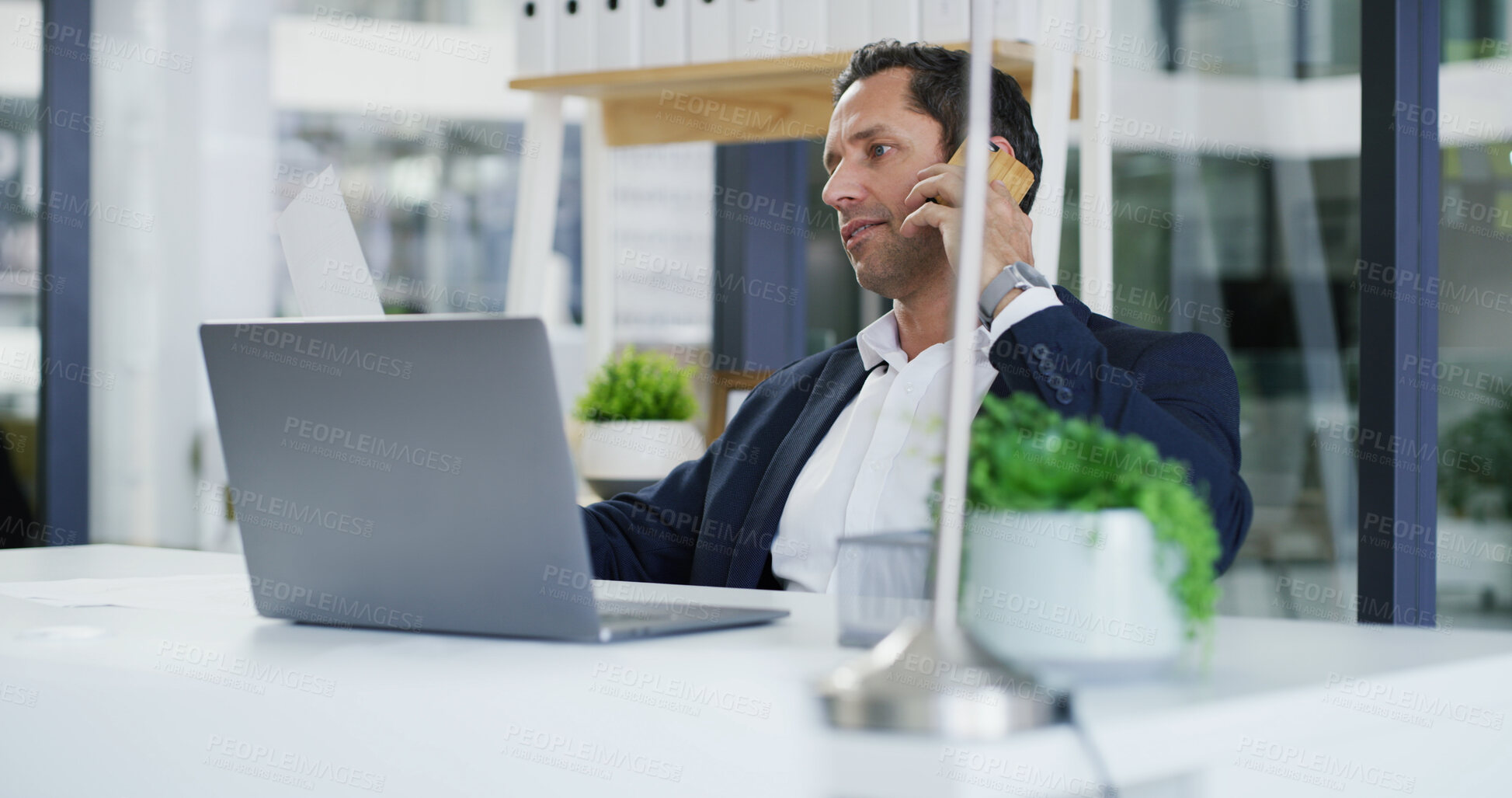 Buy stock photo Business, phone call and man in office, laptop and communication with budget report. Person, broker and employee in workplace, pc and cellphone with economy expert, investment schedule and contact