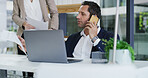 Phone call, documents and businessman with laptop in office for finance report with negotiation. Technology, paperwork and male financial manager with mobile discussion for investment proposal.