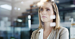 Office, thinking and business woman with idea, planning or vision for investment. Reflection, solution and worker with insight, financial decision or problem solving with serious mindset with bokeh