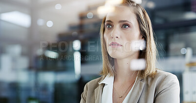 Buy stock photo Office, thinking and business woman with idea, planning or vision for investment. Reflection, solution and worker with insight, financial decision or problem solving with serious mindset with bokeh
