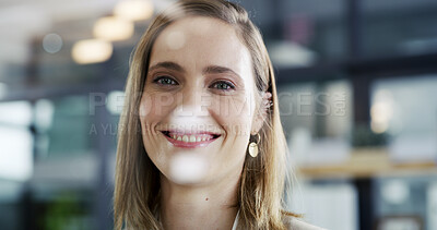 Buy stock photo Portrait, smile and business woman in office as compliance officer with career ambition. Confidence, professional worker and happy in workplace with policy development coordinator in Switzerland