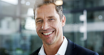 Buy stock photo Portrait, smile and mature businessman in office as compliance officer with career ambition. Confidence, professional manager and about us in workplace with policy development coordinator in USA