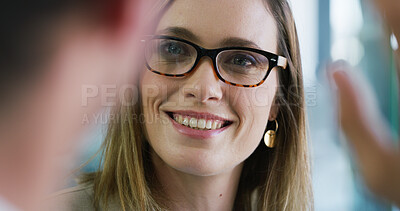 Buy stock photo Glasses, meeting and smile with business woman in office for hr policy review, compliance manager and team. Human resources, feedback briefing and happy with people in agency for partnership