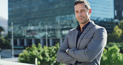 Buy stock photo Businessman, portrait or city planning with arms crossed, real estate or property redevelopment. Confident, pride and developer for professional growth in urban development space for corporate career